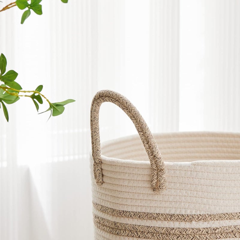 VIPOSCO Large Laundry Hamper, Tall Woven Rope Storage Basket for Blanket, Toys, Dirty Clothes in Living Room, Bathroom, Bedroom - 58L Brown & White - Image 3