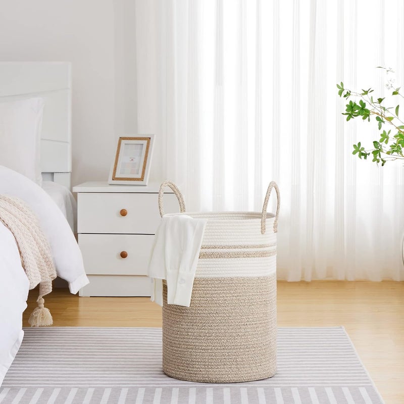 VIPOSCO Large Laundry Hamper, Tall Woven Rope Storage Basket for Blanket, Toys, Dirty Clothes in Living Room, Bathroom, Bedroom - 58L Brown & White - Image 4