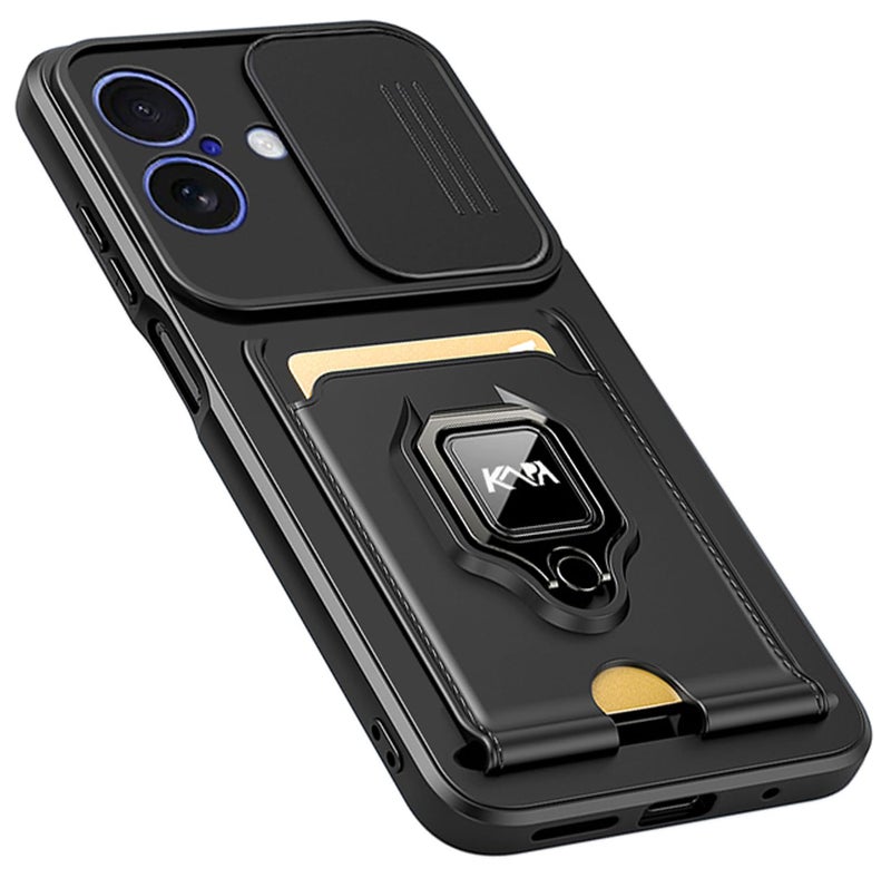Kapa Bisen Back Cover for Apple iPhone 17 | Inbuilt Camera Slider Ring Stand and Card Pocket Shockproof Slim Bumper Back Case (Black) - Image 1
