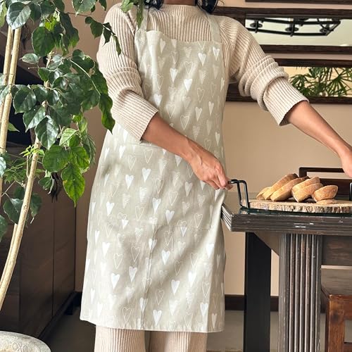 Oak & Lily 100% Cotton Chef Apron | Unisex | Large Front Pocket | Free Size | Machine Washable | European Quality | For Cooking, Baking & BBQ | Beige & Ivory Heart Print - Image 1