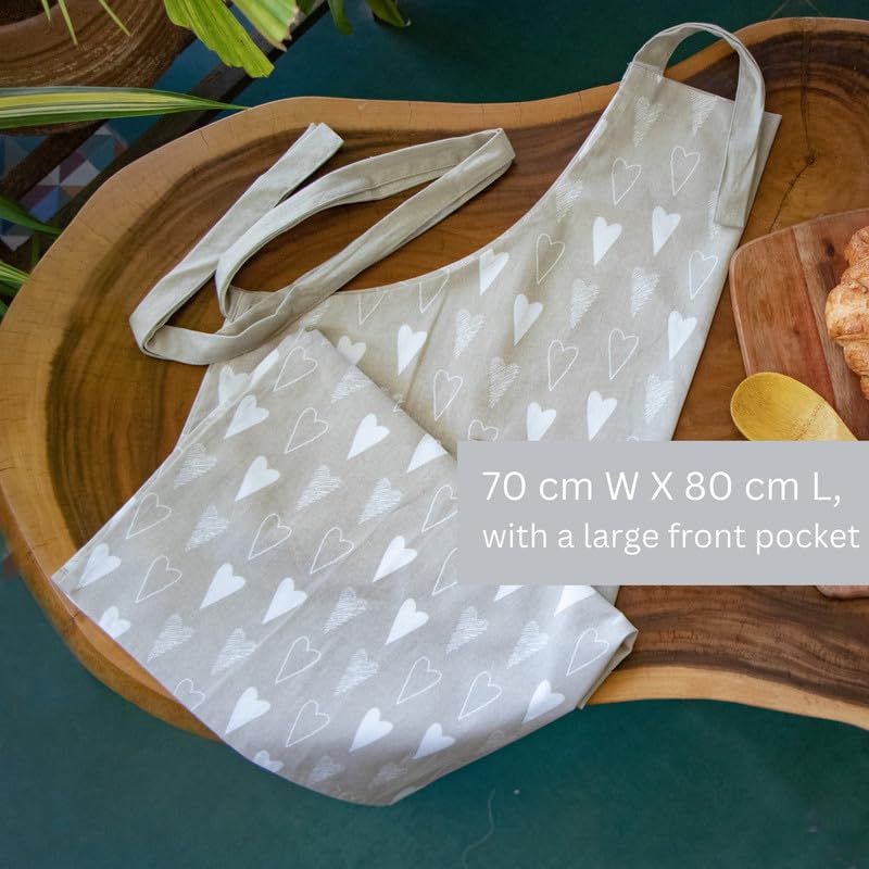Oak & Lily 100% Cotton Chef Apron | Unisex | Large Front Pocket | Free Size | Machine Washable | European Quality | For Cooking, Baking & BBQ | Beige & Ivory Heart Print - Image 2