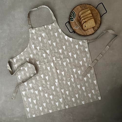 Oak & Lily 100% Cotton Chef Apron | Unisex | Large Front Pocket | Free Size | Machine Washable | European Quality | For Cooking, Baking & BBQ | Beige & Ivory Heart Print - Image 5