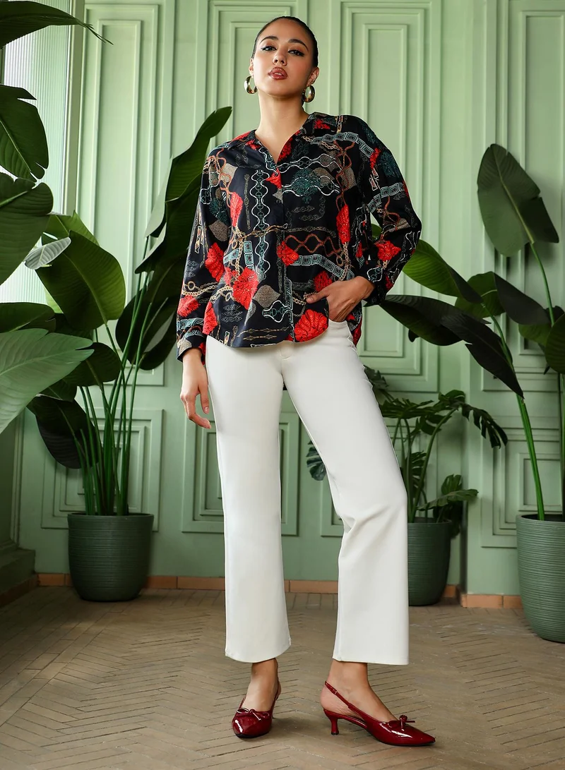 PINACOLADA  Women's Crimson Red & Teal Green Artistic-Block Oversized Shirt for Women | Best Price UAE