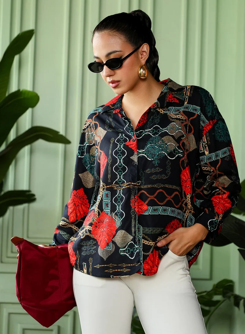 Women's Crimson Red & Teal Green Artistic-Block Oversized Shirt