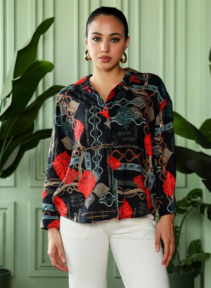 PINACOLADA  Women's Crimson Red & Teal Green Artistic-Block Oversized Shirt for Women | Best Price UAE