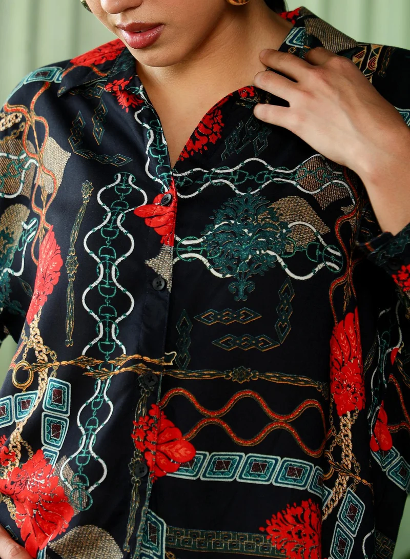 PINACOLADA  Women's Crimson Red & Teal Green Artistic-Block Oversized Shirt for Women | Best Price UAE