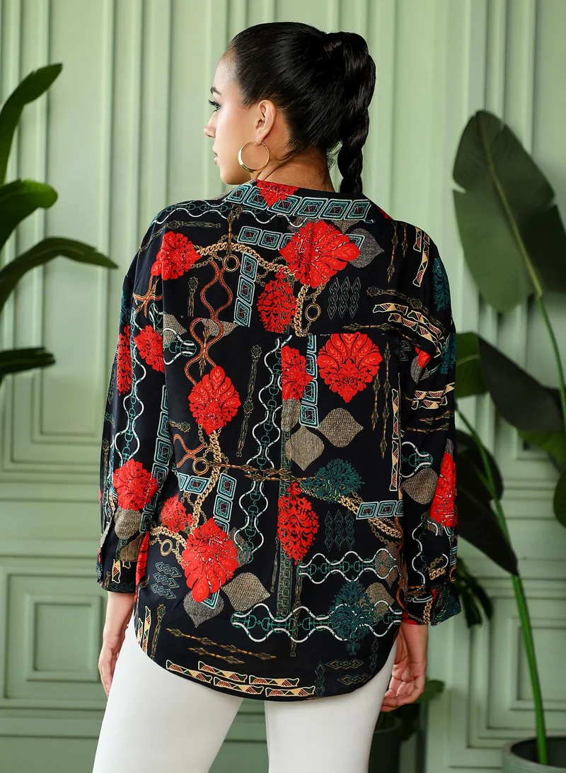 PINACOLADA  Women's Crimson Red & Teal Green Artistic-Block Oversized Shirt for Women | Best Price UAE