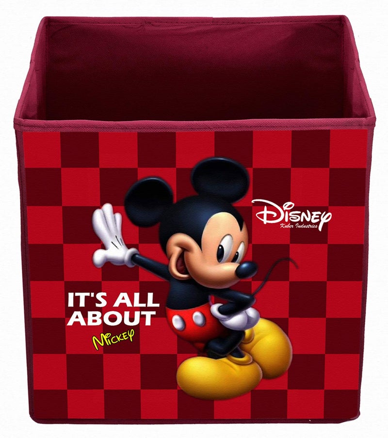 Kuber Industries Disney Mickey Mouse Print Non Woven Fabric Square Foldable Storage Cube Box with Handle (Large Size, Maroon) - Image 3