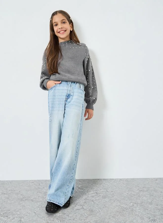 Styli Girls Grey Pearl Embellished Knit Sweater