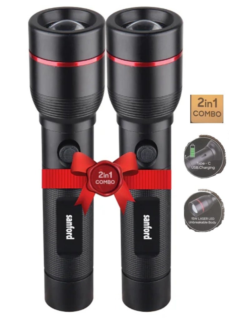 سانفورد مجموعة مكونة من 2 مصباح يدوي LED زووم من سلسلة ELIPSE V2 الفائقة السطوع والقابلة لاعادة الشحن ببطارية ليثيوم 4000 مللي أمبير   مع أوضاع متعددة ونطاق مذهل الذي يبلغ 1800 متر SF4680SLC - Image 1