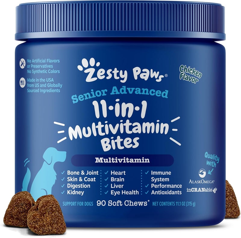 زيساي بوس Zesty Paws، مكملات غذائية متعددة الفيتامينات متقدمة 8 ف�� 1 للكلاب، للحفاظ على الحيوية اليومية، مناسبة للكلاب المسنة، بنكهة الدجاج، 90 قطعة ناعمة يمكن مضغها. - Image 1