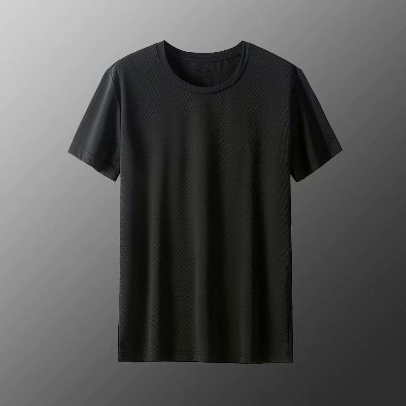 Mens Ice Silk Short Sleeve Suit Summer Thin Mesh Quick Dry Loose Fit T-shirt Shorts Sport Casual 2-piece Set Black top  - Image 1