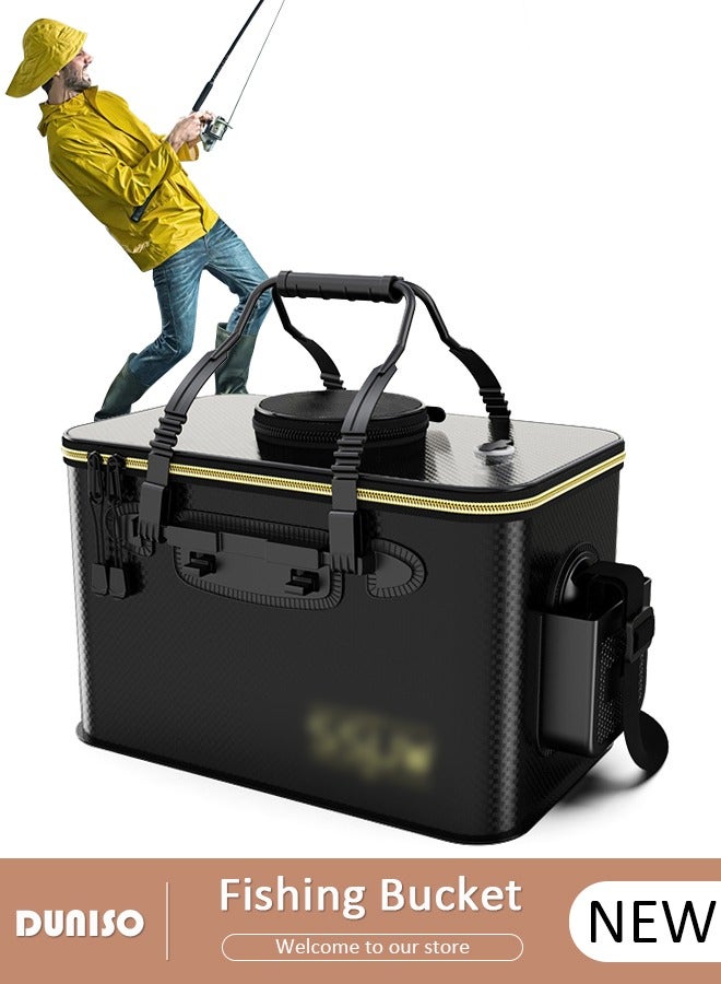 DUNISO Portable Fishing Bucket with Side Pockets and Adjustable Shoulder Strap, Large Capacity Fishing Bait Bucket with Double Zipper and Handle, Outdoor Camping Eva Fishing Bag and Fish Protection Bucket, Multifunctional Live Fish Container for Storing Live Fish and Fresh Fish Bait - Image 1