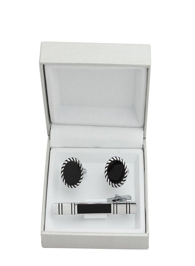 Maruti Ties cufflinks tie pin set cufflinks Black Formal Round Black Rhinestone with Silver finish Cuff Link and Tie Pin set - Image 2