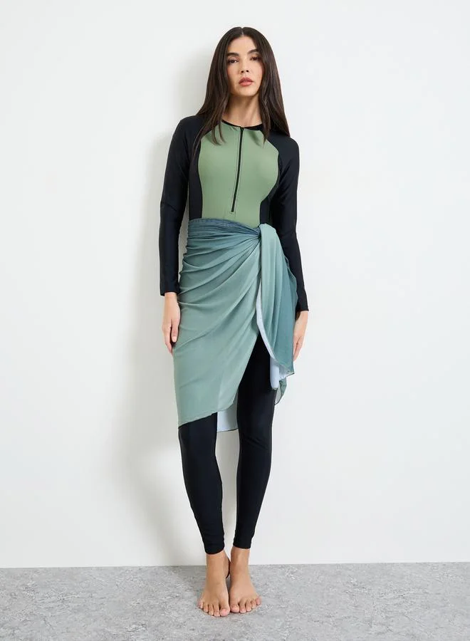 Styli Pack Of 3 - Color Block Swimsuit, Leggings And Wrap Skirt Burkini Set