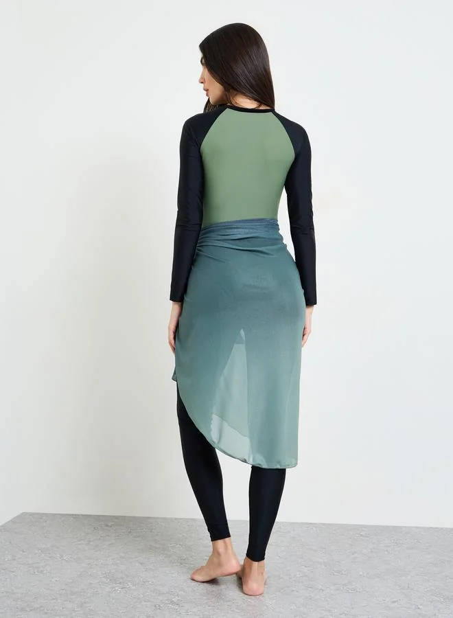 Styli Olive Pack of 3 - Color Block Swimsuit, Leggings and Wrap Skirt Burkini Set for Women | Best Price UAE