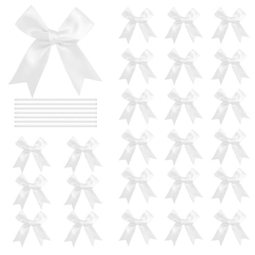 Amstorer 50 Pcs Twist Tie Bows Satin Ribbon Bow 3.3 Inch Gift Wrap Bow Craft Bows for Gift Wrapping, Party Decorations Gifts Bag DIY Treat Bags White - Image 1