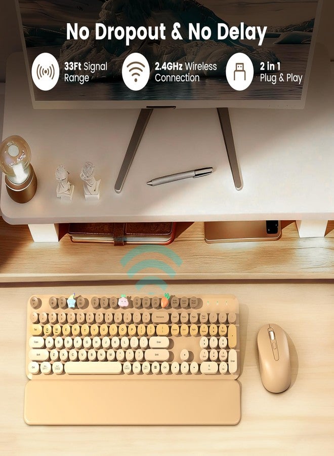 SABLUTE Wireless Keyboard and Mouse Combo, Cute Retro Typewriter Keyboard with Round Keycaps, Full-Size Aesthetic Keyboard with Magnetic Wrist Rest, 2.4GHz USB for Windows/Mac Desktop Laptop (Latte Gradient) - Image 5