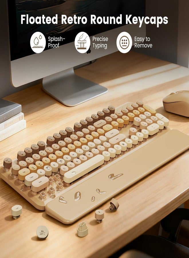 SABLUTE Wireless Keyboard and Mouse Combo, Cute Retro Typewriter Keyboard with Round Keycaps, Full-Size Aesthetic Keyboard with Magnetic Wrist Rest, 2.4GHz USB for Windows/Mac Desktop Laptop (Latte Gradient) - Image 4