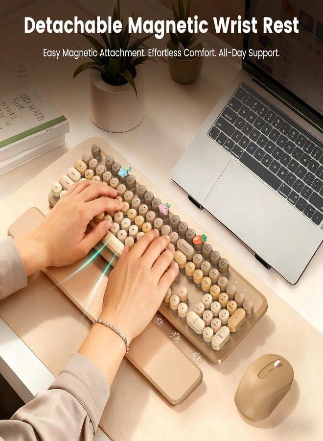 SABLUTE Wireless Keyboard and Mouse Combo, Cute Retro Typewriter Keyboard with Round Keycaps, Full-Size Aesthetic Keyboard with Magnetic Wrist Rest, 2.4GHz USB for Windows/Mac Desktop Laptop (Latte Gradient) - Image 2