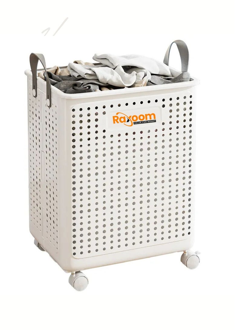 Raxoom Foldable Laundry Basket For Dirty Clothing Storage 60L With 4 Tier Wheels Cloth Storage or Multi Purpose Storage Organizer 38*9*47.5CM (white) - Image 1