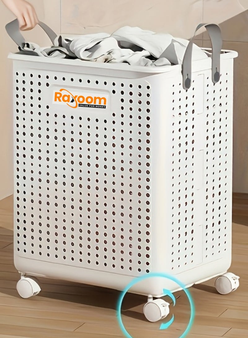 Raxoom Foldable Laundry Basket For Dirty Clothing Storage 60L With 4 Tier Wheels Cloth Storage or Multi Purpose Storage Organizer 38*9*47.5CM (white) - Image 2
