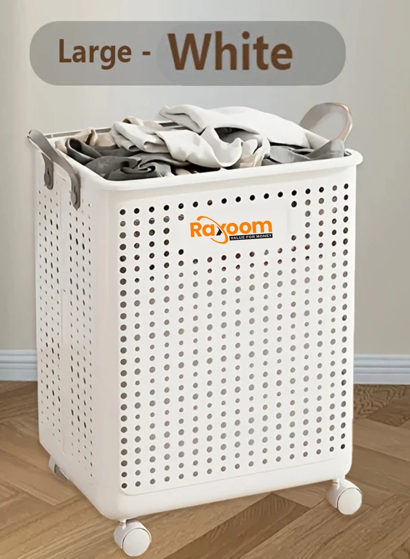 Raxoom Foldable Laundry Basket For Dirty Clothing Storage 60L With 4 Tier Wheels Cloth Storage or Multi Purpose Storage Organizer 38*9*47.5CM (white) - Image 4