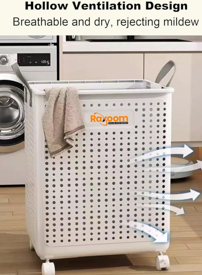 Raxoom Foldable Laundry Basket For Dirty Clothing Storage 60L With 4 Tier Wheels Cloth Storage or Multi Purpose Storage Organizer 38*9*47.5CM (white) - Image 3