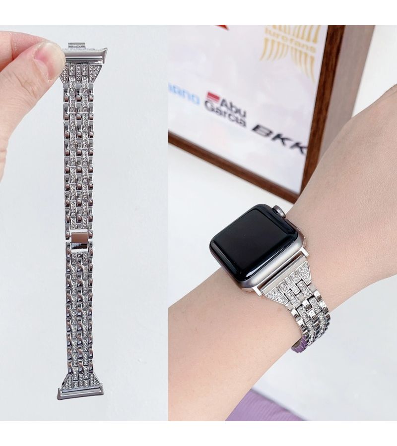 سوار ساعة يدوي الصنع بخمس خرزات ماسية لامعة من المعدن، متوافق مع Apple Watch Ultra وSE، خيارات تناسب المقاس حسب العلبة، للأعوام من 1 إلى 11، مقاسات 38 و40 و41 و42 و44 و45 و49 ملم، مصنوع من سبيكة الزنك، اللون أسود، مع إكسسوارات سلسلة مفاتيح فريدة. - Image 1