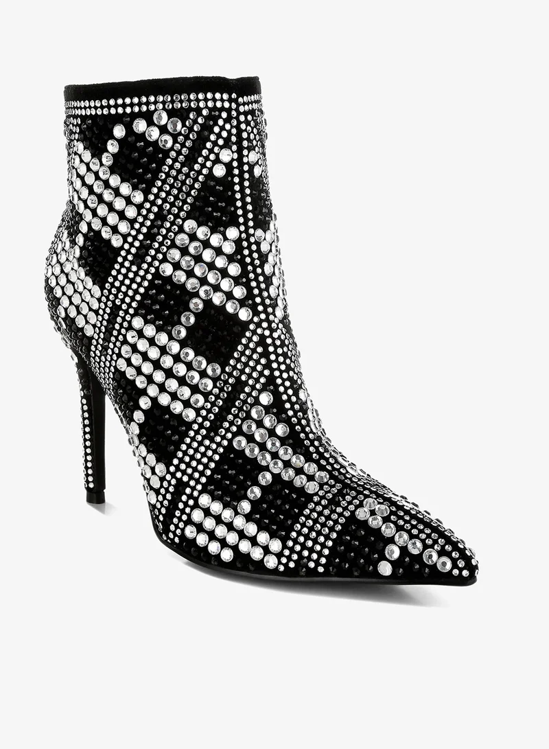 London Rag Rhinestones Studded Stiletto Heel Boots in Black