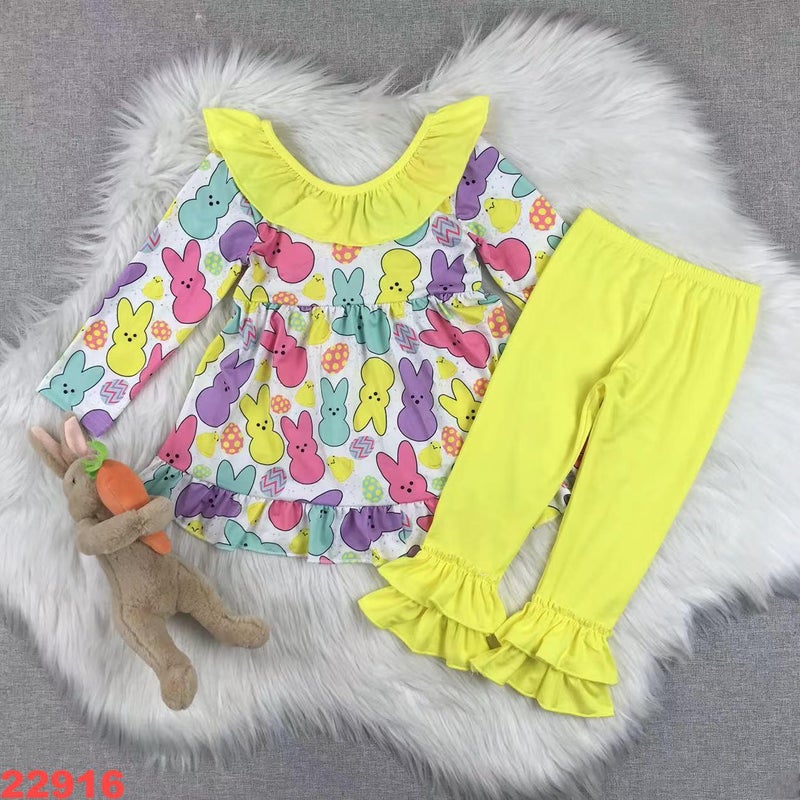 Baby Children'S Clothing Girls New Pink Figure Live Rabbit Color Stripe Flared Pants Suit - Image 3