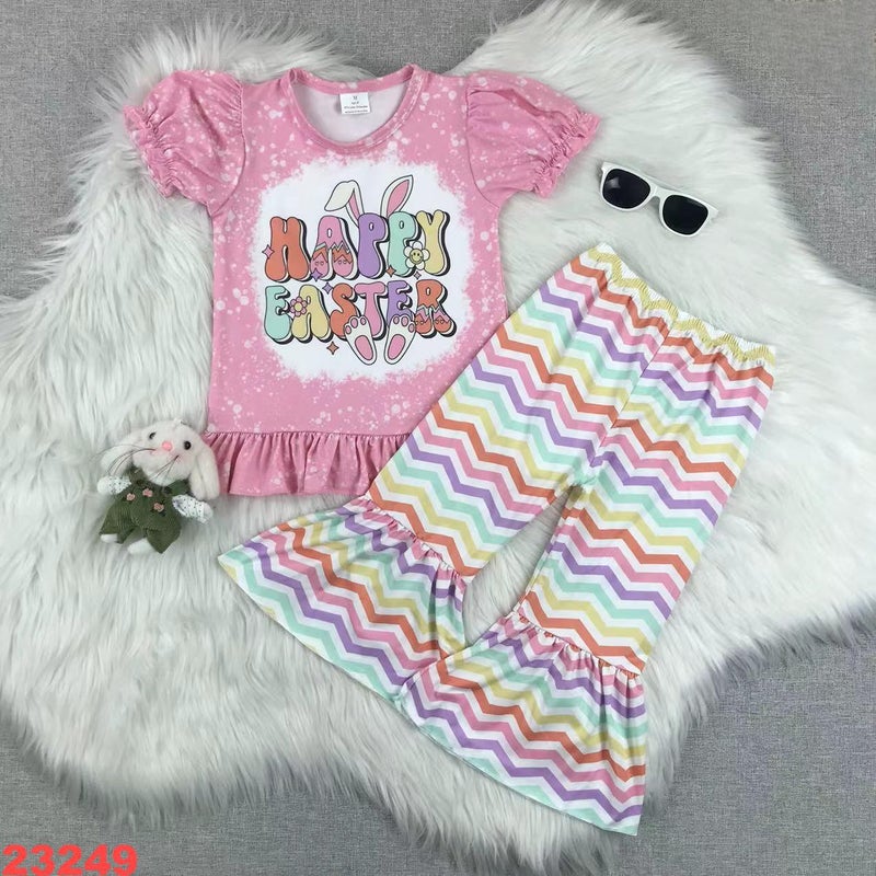 Baby Children'S Clothing Girls New Pink Figure Live Rabbit Color Stripe Flared Pants Suit - Image 2