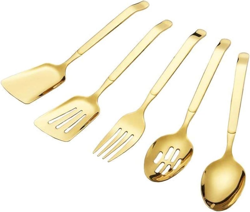 MBBITL Kitchen Utensils Set 5 PCs Gold Serving Spoon Slotted Spoon Slotted Spactula Flat Turner Dinner Fork Cooking Tool Set - Image 1