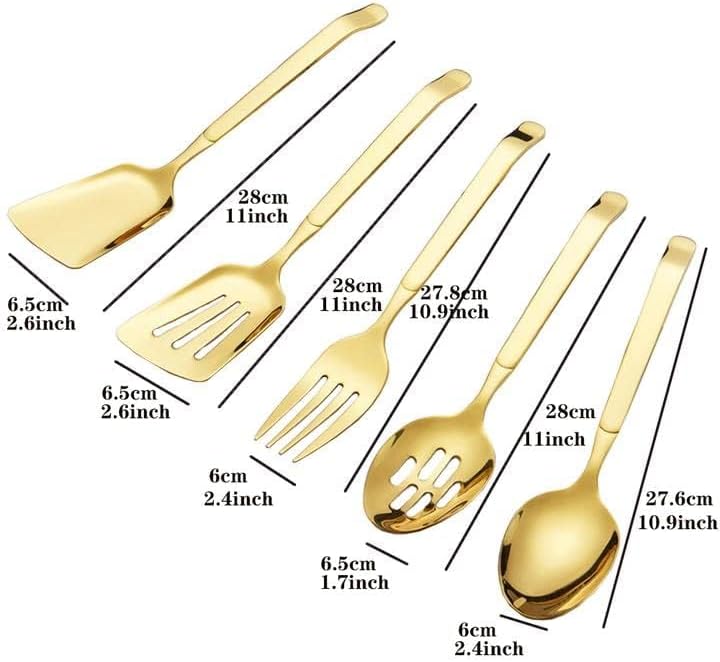 MBBITL Kitchen Utensils Set 5 PCs Gold Serving Spoon Slotted Spoon Slotted Spactula Flat Turner Dinner Fork Cooking Tool Set - Image 3