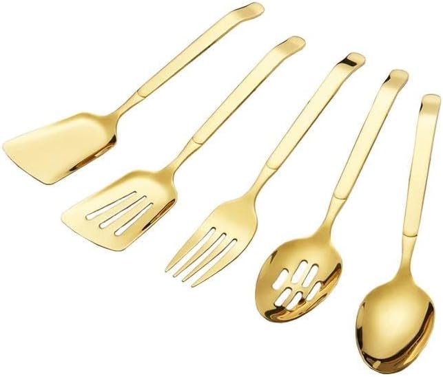 MBBITL Kitchen Utensils Set 5 PCs Gold Serving Spoon Slotted Spoon Slotted Spactula Flat Turner Dinner Fork Cooking Tool Set - Image 2