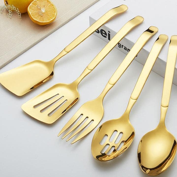 MBBITL Kitchen Utensils Set 5 PCs Gold Serving Spoon Slotted Spoon Slotted Spactula Flat Turner Dinner Fork Cooking Tool Set - Image 4