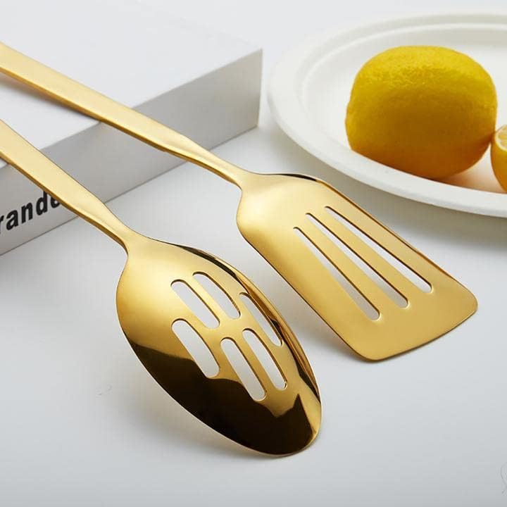MBBITL Kitchen Utensils Set 5 PCs Gold Serving Spoon Slotted Spoon Slotted Spactula Flat Turner Dinner Fork Cooking Tool Set - Image 5