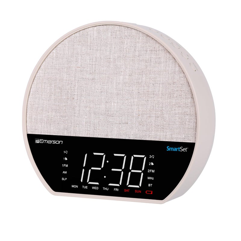 Emerson CKSS7071 Sunrise Smartset Alarm Clock Radio with 12 LED Display White Noise 6 Soothing Sounds 8Color Dimmable LED Bluetooth Speaker White