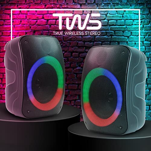 QFX PBX-126 TWS Bluetooth Rechargeable Portable 10-Watt Speaker with a 4” Woofer, Microphone Input, AUX Input, USB Input, TF Card Input, FM Radio, and LED Party Lights, Black - Image 2
