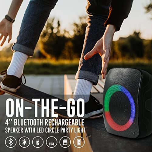 QFX PBX-126 TWS Bluetooth Rechargeable Portable 10-Watt Speaker with a 4” Woofer, Microphone Input, AUX Input, USB Input, TF Card Input, FM Radio, and LED Party Lights, Black - Image 4