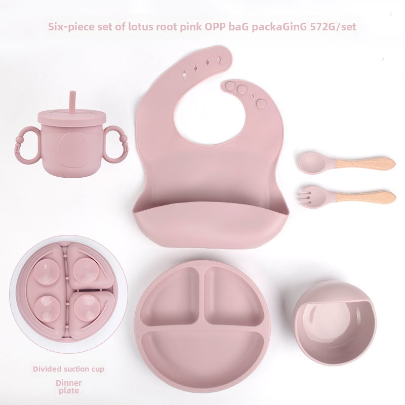 Domobaby Silicone Feeding Set for KidsLotus root starch color-smiling face plate six-piece set (plate bib snail bowl wooden fork spoon new cup) DM-253-1 Lotus root starch color-smiling face plate six-piece set (plate bib snail bowl wooden fork spoon new cup) DM-253-1 