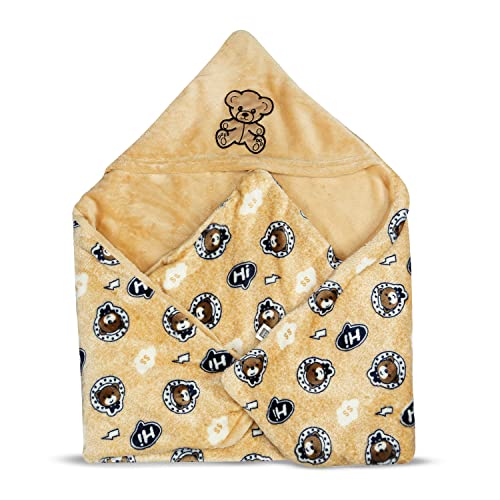 Mee Mee 100% Soft Cotton Hooded Baby Wrapper Cum Warmer, Blanket with Hood for New Born Baby 0 to 6 Months (Cream-Teddy Print) - Image 1