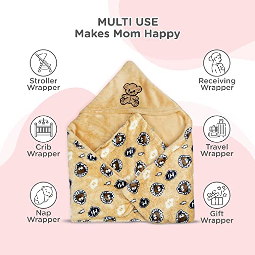 Mee Mee 100% Soft Cotton Hooded Baby Wrapper Cum Warmer, Blanket with Hood for New Born Baby 0 to 6 Months (Cream-Teddy Print) - Image 5