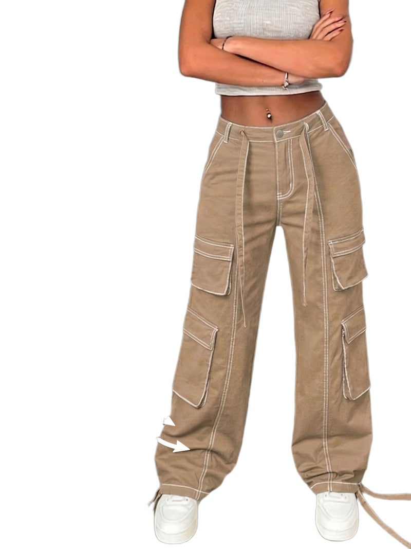 Women's Solid Color Wide Leg Cargo Jeans Street Style Summer Festival Trousers - Image 1
