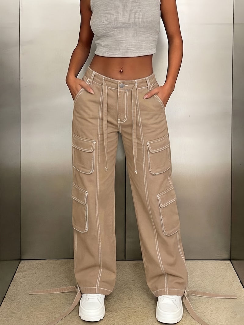 Women's Solid Color Wide Leg Cargo Jeans Street Style Summer Festival Trousers - Image 5