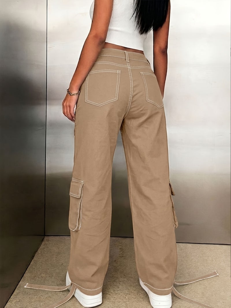 Women's Solid Color Wide Leg Cargo Jeans Street Style Summer Festival Trousers - Image 3