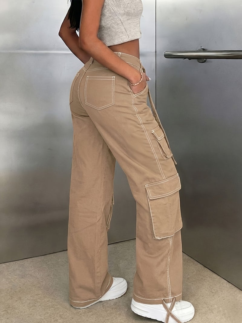 Women's Solid Color Wide Leg Cargo Jeans Street Style Summer Festival Trousers - Image 4