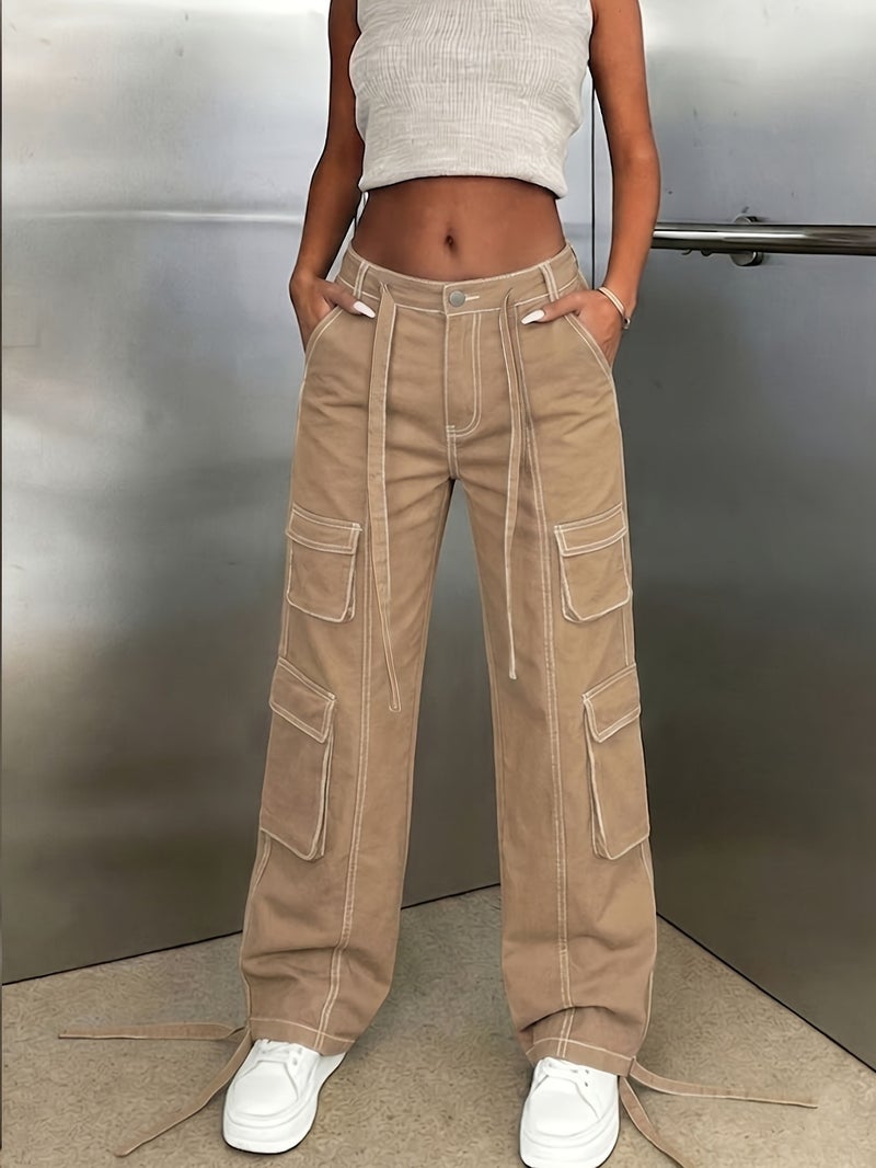 Women's Solid Color Wide Leg Cargo Jeans Street Style Summer Festival Trousers - Image 2