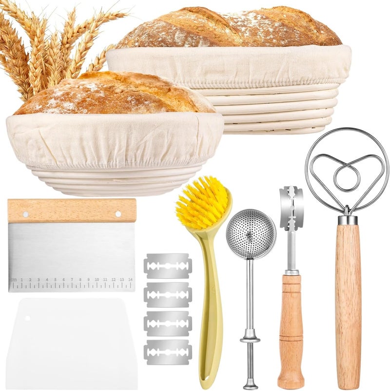 Bread Making Tools, Sourdough Tools Kit, Bread Proofing Baskets Set, 9 Round & 10 Oval Baking Baskets with Sifter, Bread Lame, Danish Whisk, Dough Scrapers, and Cleaning Brush - Image 1