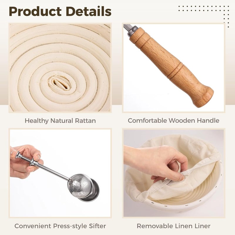 Bread Making Tools, Sourdough Tools Kit, Bread Proofing Baskets Set, 9 Round & 10 Oval Baking Baskets with Sifter, Bread Lame, Danish Whisk, Dough Scrapers, and Cleaning Brush - Image 4